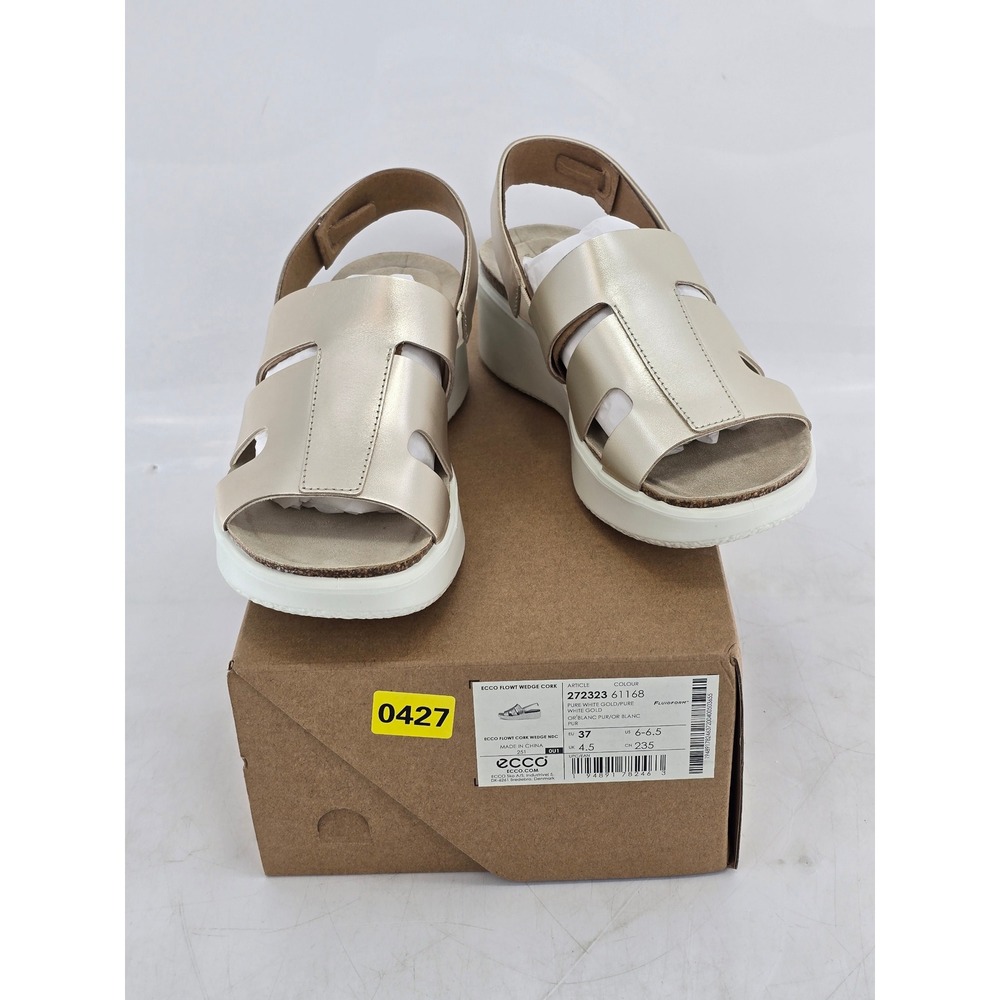ECCO Flowt Wedge Cork Sandal Womens 37 6-6.5 White Gold Leather - New